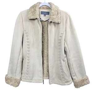 Liz Claiborne Creamy Tan Faux Suede Vintage Inspired Curly Fur Lined Jacket